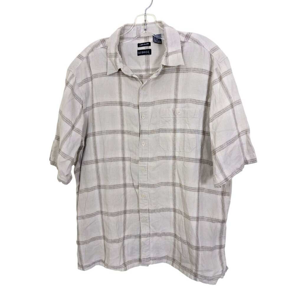 George Shirt Linen Blend Shirt Men Size XL Beige Check Short Sleeve Button Front